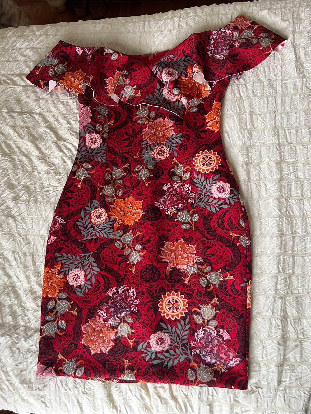 Guess One-Shoulder Floral Sheath Dress in Red and Orange
